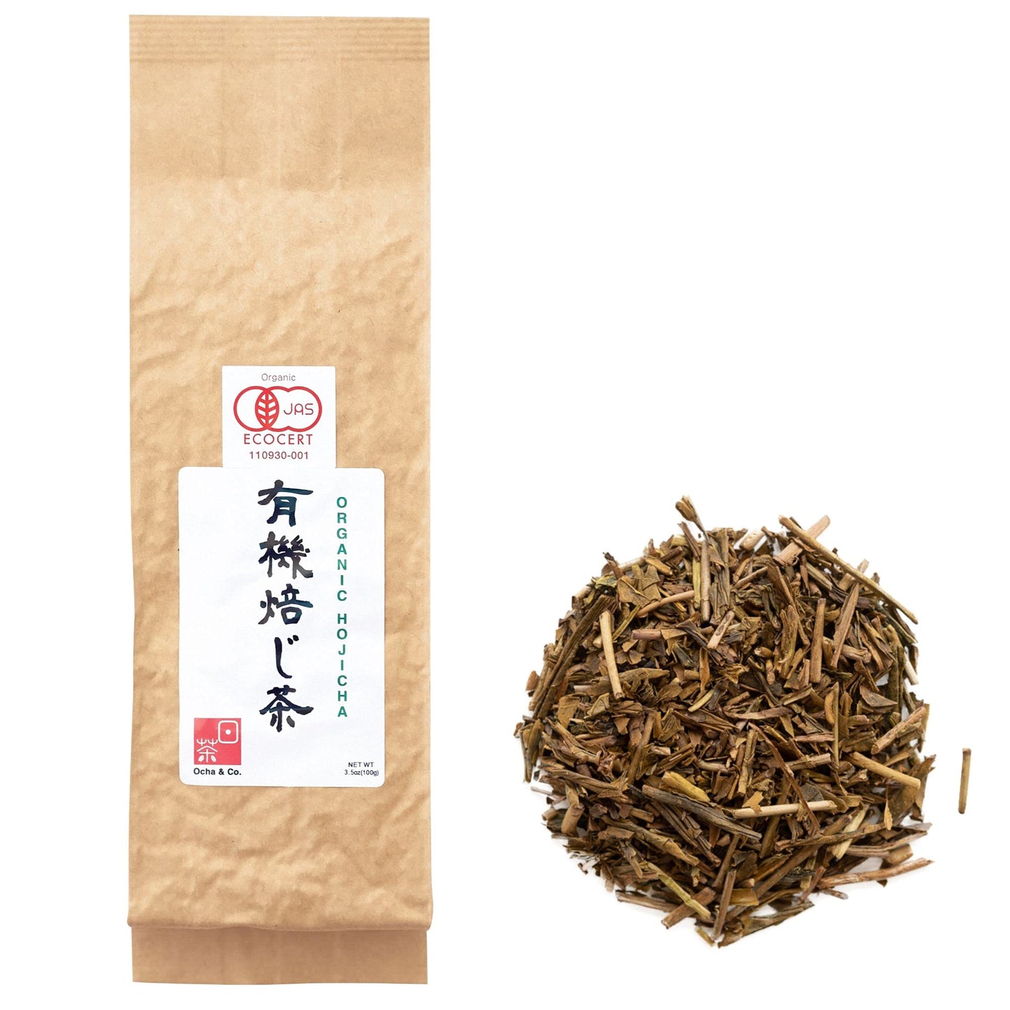 Ocha & Co. Hojicha Tea ? Japanese Organic Loose Leaf Green Tea ? Roasted Blend of Kukicha and Sencha - Low Caffeine - Sweet & Smoky Taste, 100g/3.5oz.