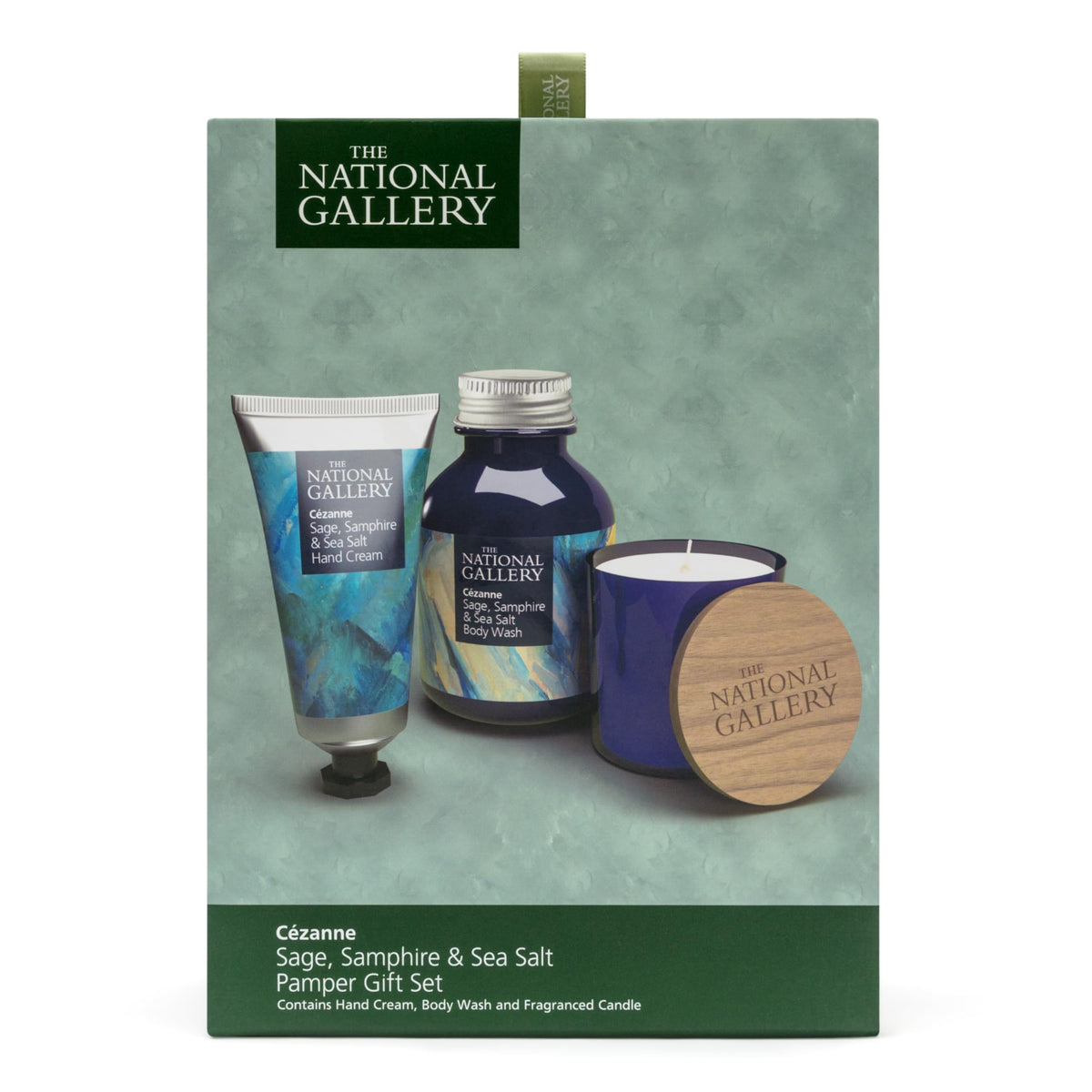 National Gallery Pamper Gift Set ? 250ml Body Wash, 50ml Hand Cream & 100g Soy Wax Candle ? Sage, Samphire & Sea Salt Scent ? Vegan Friendly Luxury