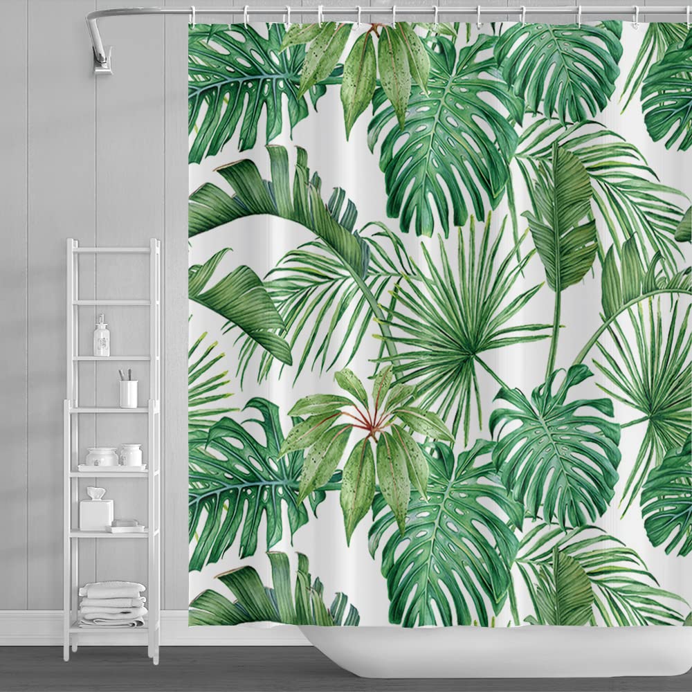 SDOTPMT 60x72 Inch Watercolor Green Palm Leaves Shower Curtain Summer Tropical Botanical Plants Bath Curtain Jungle Banana Monster Leaf Shower