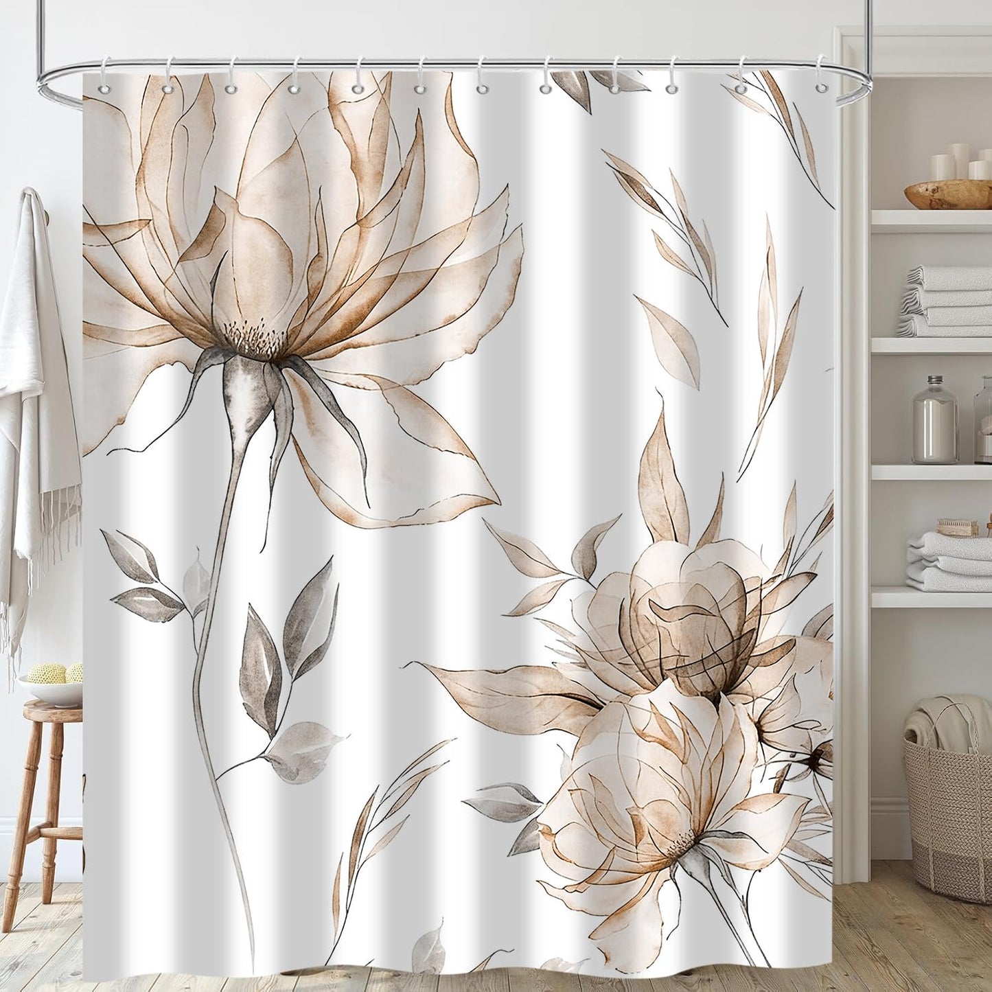 Hnmdmyi Watercolor Floral Shower Curtain 180x200, Brown Boho Flower Leaf Modern Minimalist Aesthetic Art Bathroom Curtains Waterproof Polyester