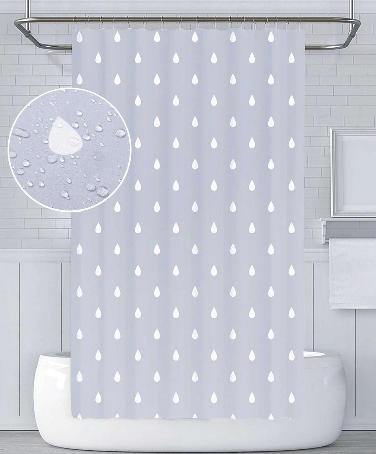 YOUNG DA Fabric Shower Curtain Grey & White Water Droplets Design for Bathroom, Shower Curtains Mould Proof Resistant 72x72 inch, Washable and