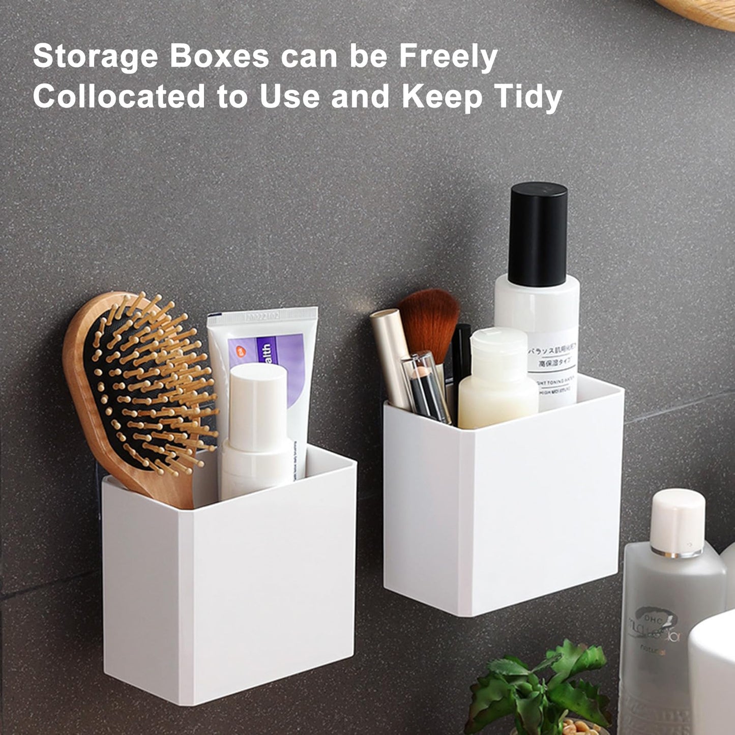 DearCal 2 PCS Wall Mounted Storage Boxes, Self-adhesive Plastic Holders, No Drilling Hanging Storage Containers Makeup Organizer Shelf for Bathroom
