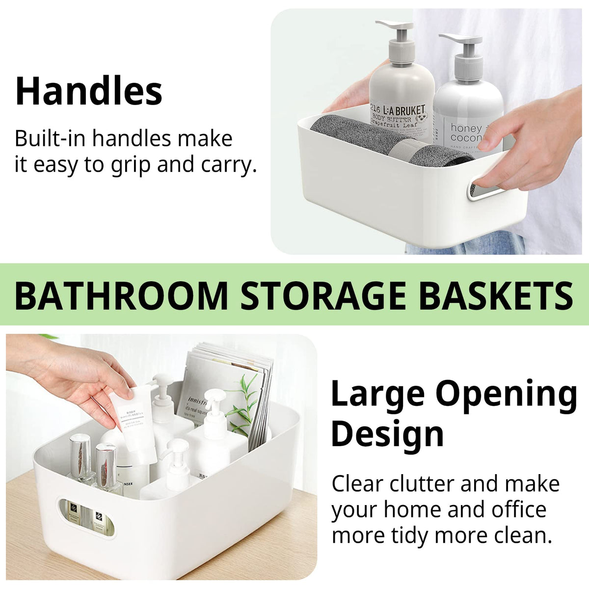 W&H 10 PCS White Plastic Storage Boxes with Handle, Small Plastic Storage Baskets for Shelves, Cupboard Organizer for Bathroom, Drawer, Kitchen