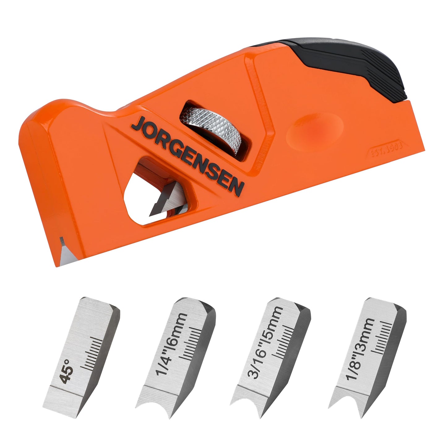 JORGENSEN Chamfer Plane for Woodworking, Edge Corner Flattening Tool for Wood, 45? Hand Manual Planer with 4 Cutter Heads for Quick Wood Trimming