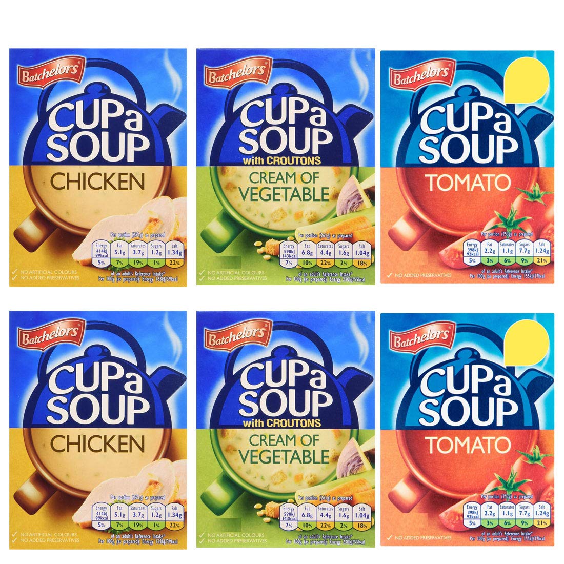 Bachelors Instant Cup A Soup Selection Tomato, Cream of Vegetable, Chicken Flavours 6 Boxes