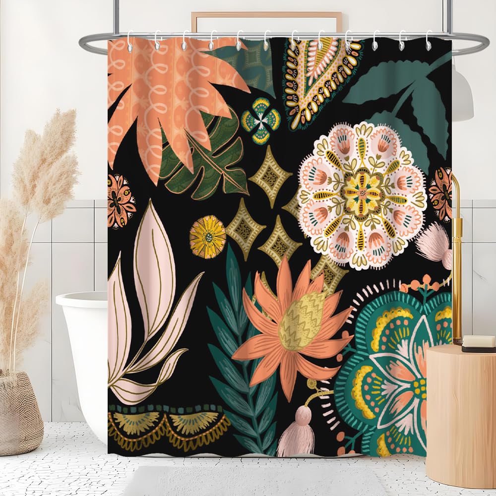 Uiiooazy Shower Curtain Boho Style, Shower Curtain Flowers Pink Green Leaves Shower Curtains Anti Mould Waterproof Polyester Fabric Washable Opaque