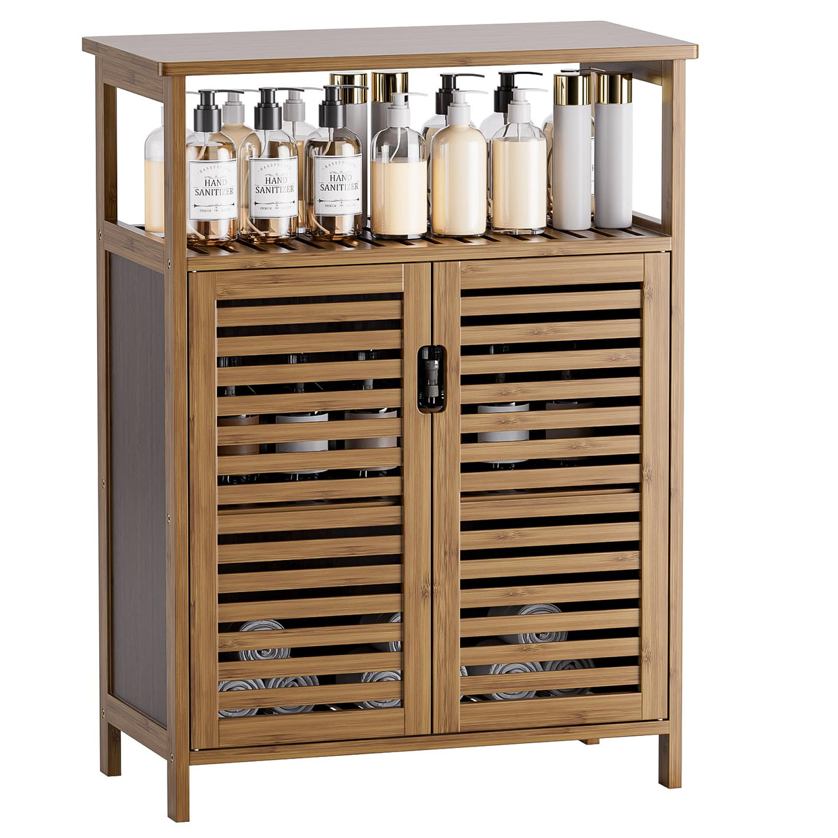 HITNET Bamboo Bathroom Storage Cabinet, Floor Standing Kitchen Cupboard Organizer with 2 Shutter Doors and Open Shelves, Walnut