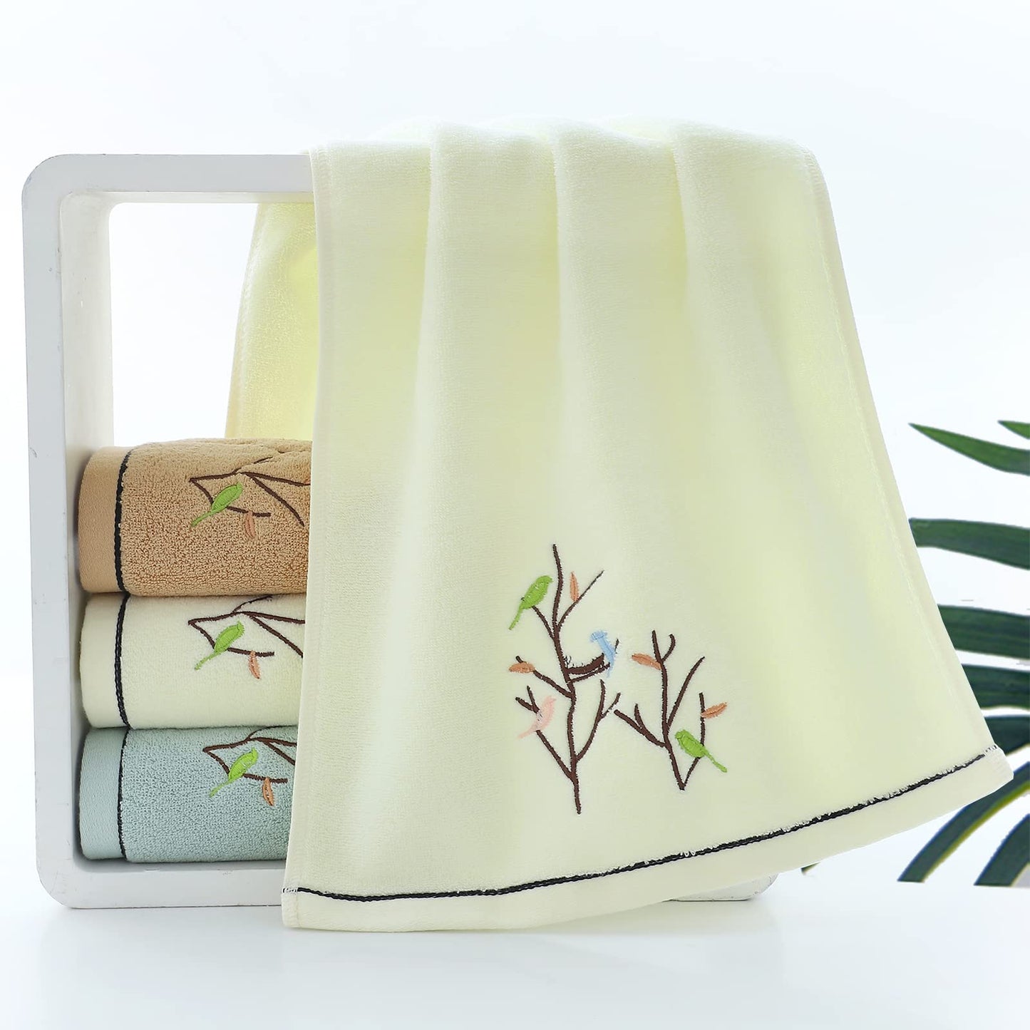 Pidada Hand Towels Set of 4 Embroidered Bird Tree Pattern 100% Cotton Absorbent Soft Decorative Towel for Bathroom 35 x 75 cm (Light Yellow)