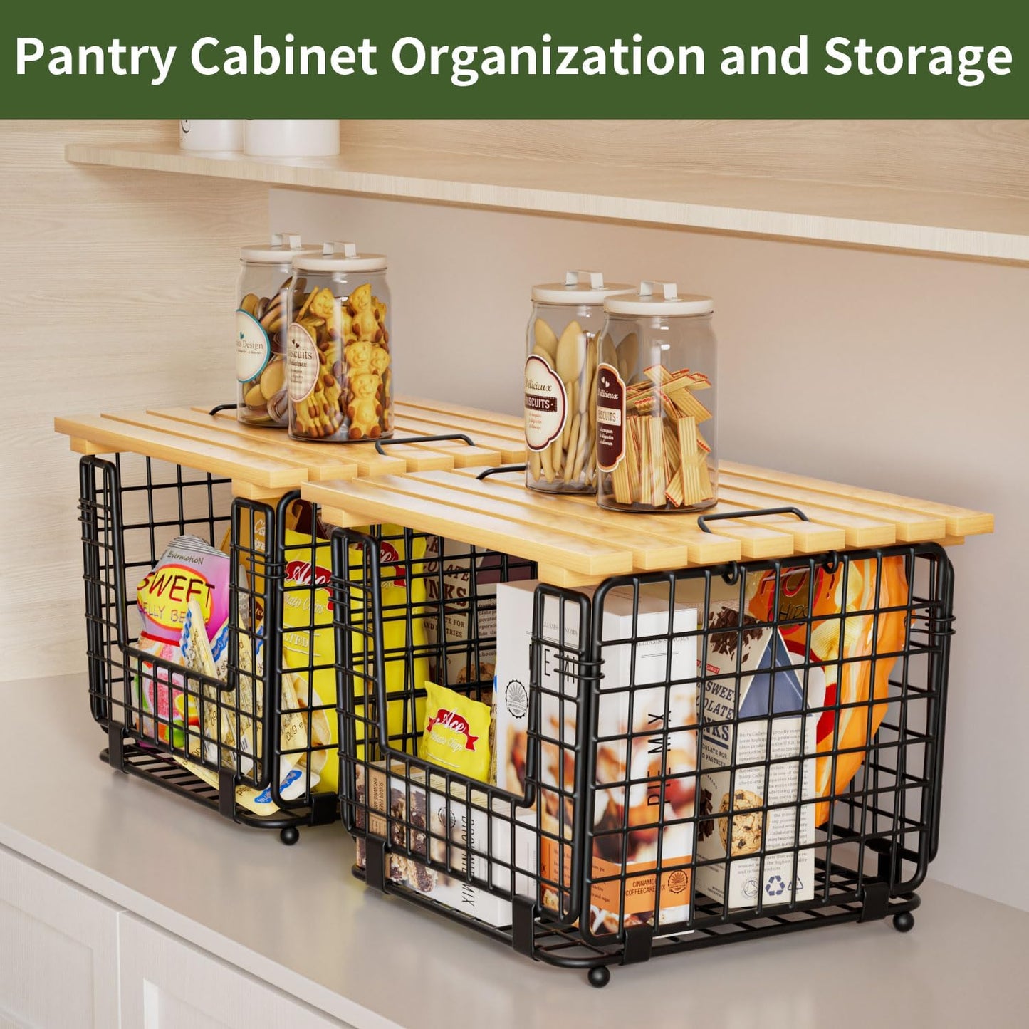 Wire Storage Basket for Kitchen Pantry: Stackable Kitchen Counter Organizers - Wire Organizing Bin for Produce Vegetable Potato and Onion Black