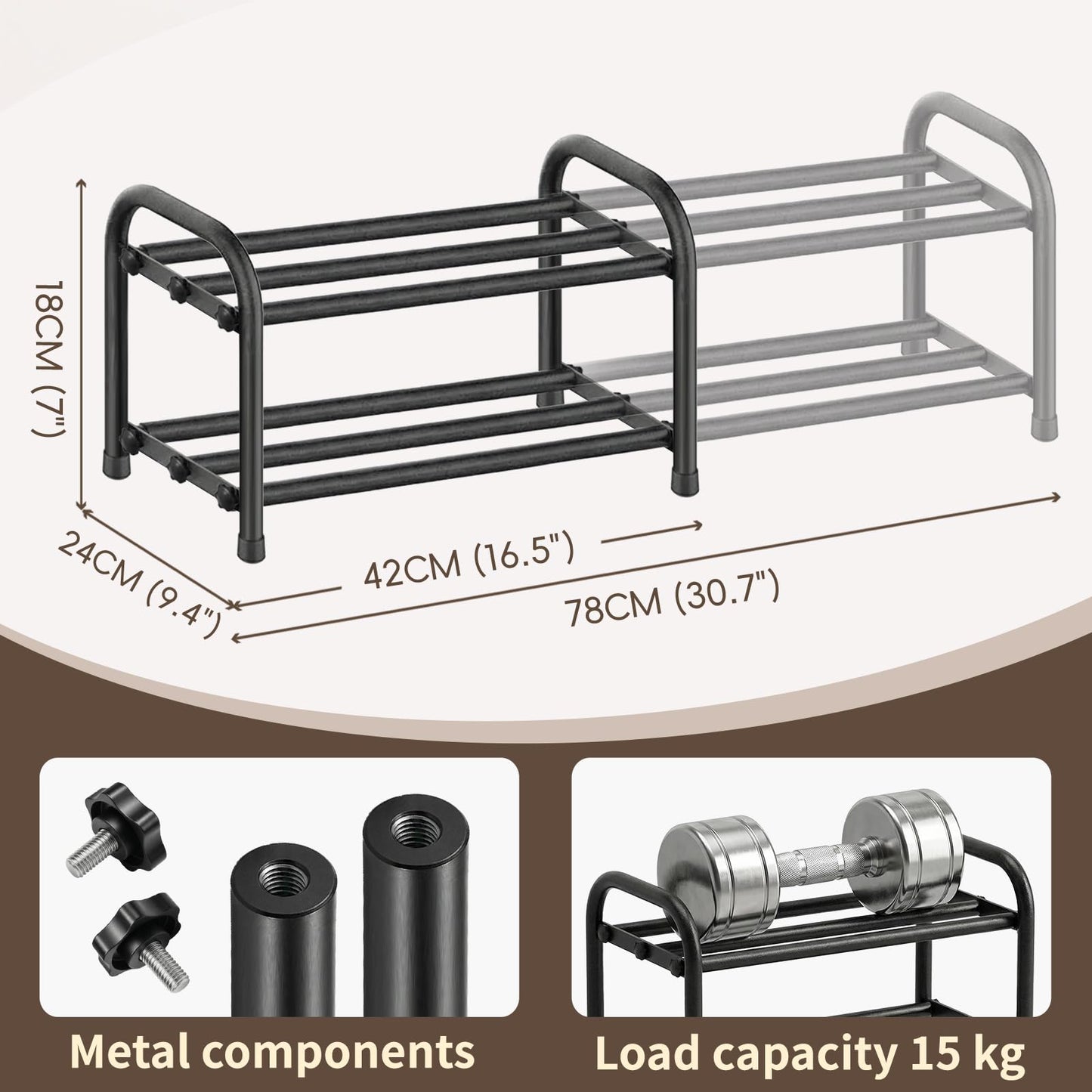 MIKVOYO 2 Tier Extendable Small Shoe Rack, Black Metal Adjustable Shoe Storage Racks for Inside Wardrobe Closet, Narrow Spaces, Hallway, Bedroom