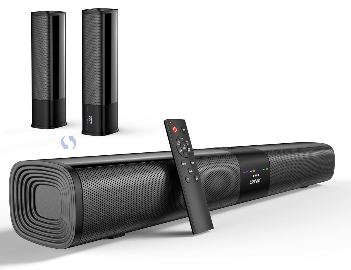 Saiyin Soundbar for TV, Sound Bar with Optical/ARC/AUX and Bluetooth 5.3 Inputs, 50W Peak Power, Surround Sound System with Flexible Placement