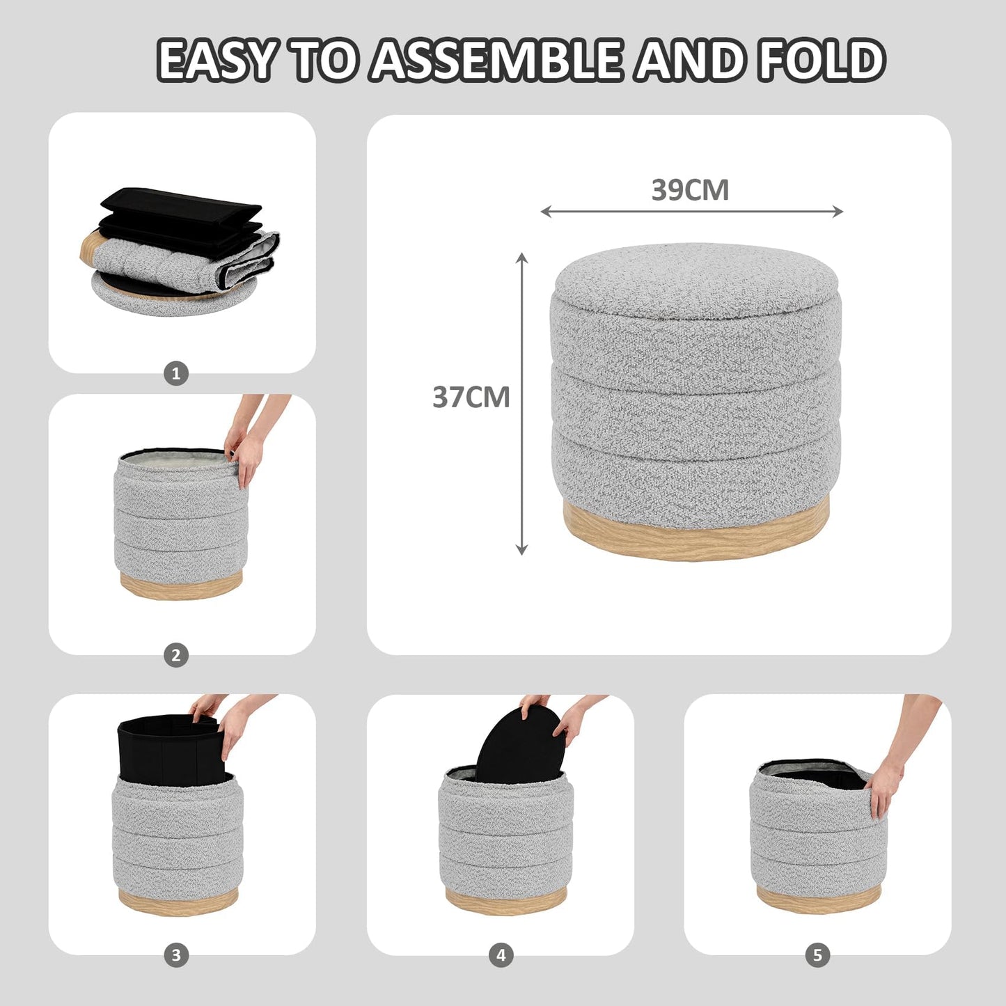 PINPLUS Round Chenille Storage Ottoman, Tray Top, 39x39x37 cm, Silver Grey