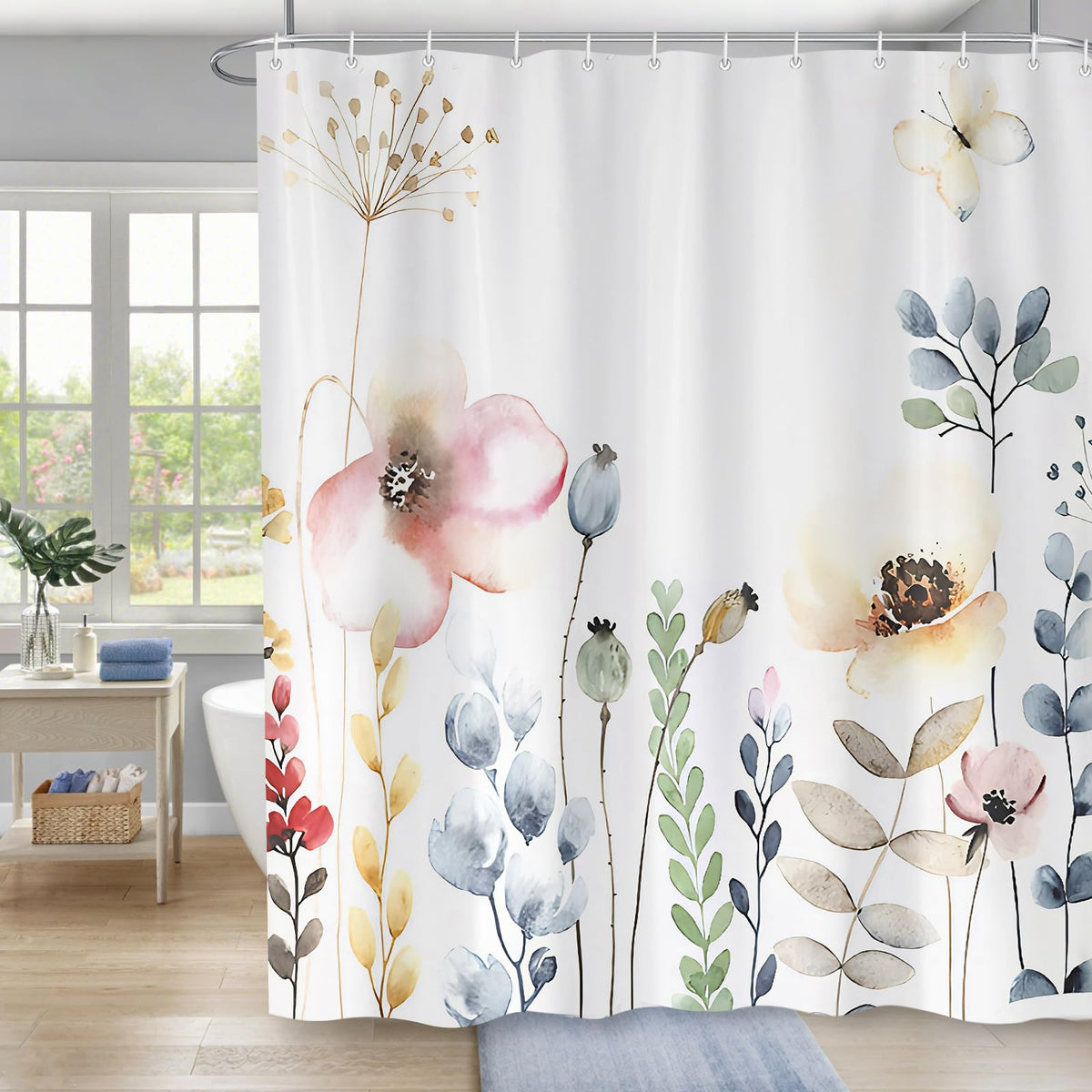Minicoco Shower Curtain with Floral Botanical - Mould & Mildew Resistant Waterproof Bathroom Decor, 100% Polyester with 12 Hooks, 180x180 cm (Elegant