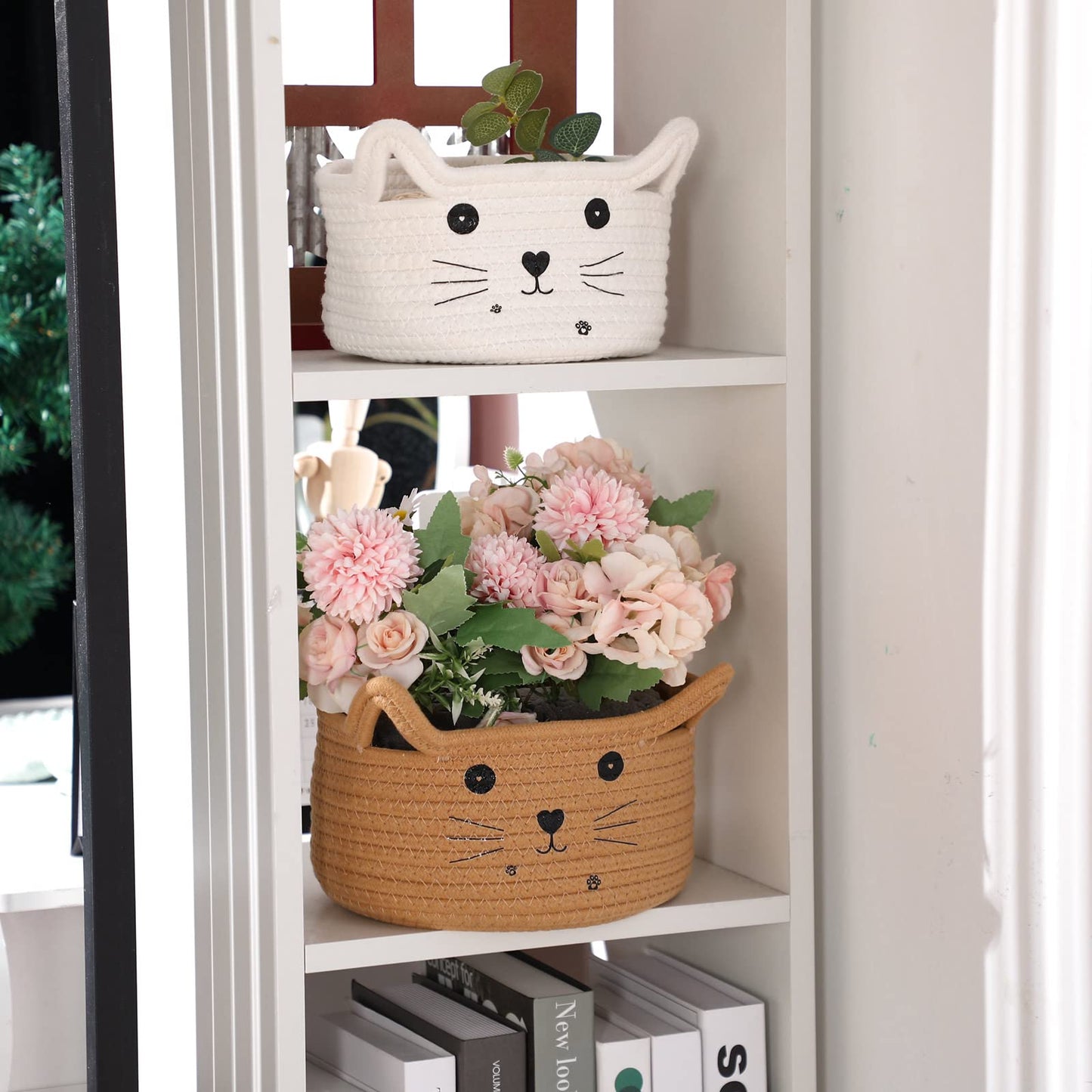 Zopeal Cat Basket Storage Woven Organizer with Ears Easter Decorative Gift Pet Toy Cute Cotton Rope Basket for Gift Cat Dog Toy Bin Nursery Room
