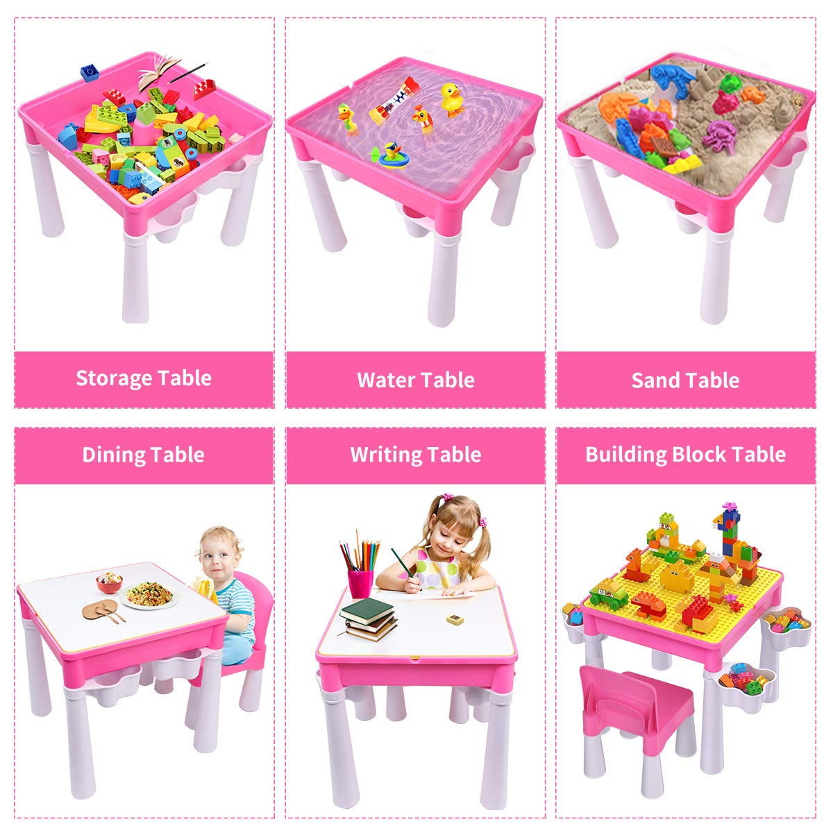 burgkidz Toddler Table and Chair Set, Plastic Kids Activity Table with Chair and 128 Piece Large Creative Bricks Building Construction Toys for Girls,