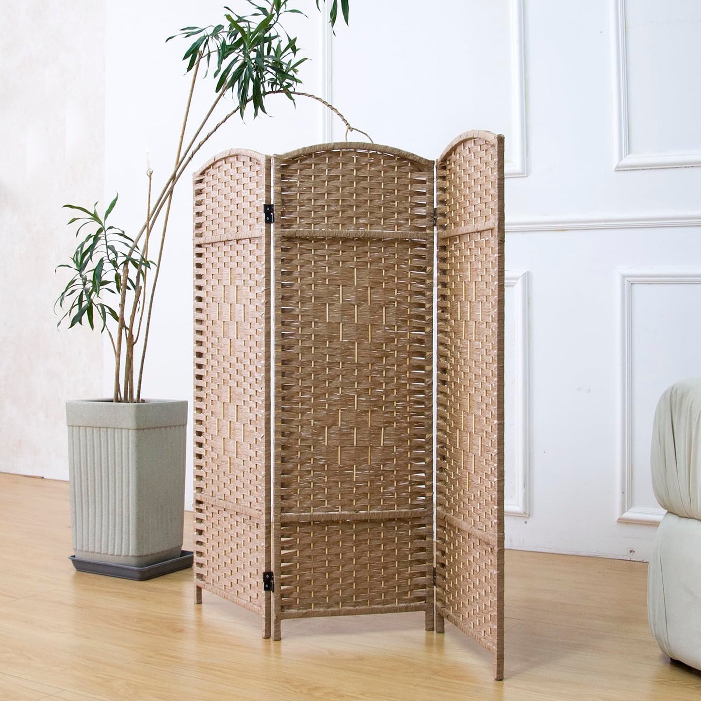 Furnnylane 3 Panel Light Brown Rattan Divider Short Room Partition Screen,Double Sided Short Folding Divider for Room Separation,120 cm Tall