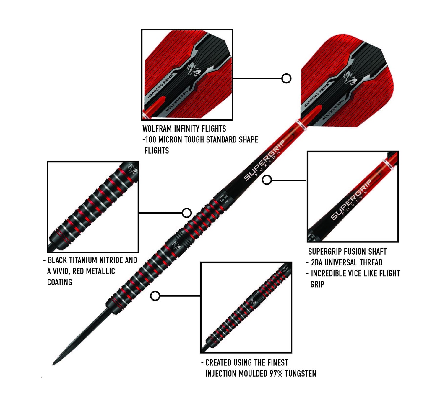 Harrows Wolfram Infinity Steel Tip Tungsten Darts Set 21g, 22g, 23g & 24g - Includes Supergrip Fusion Shafts & Prime Wolfram Infinity Flights (24g)