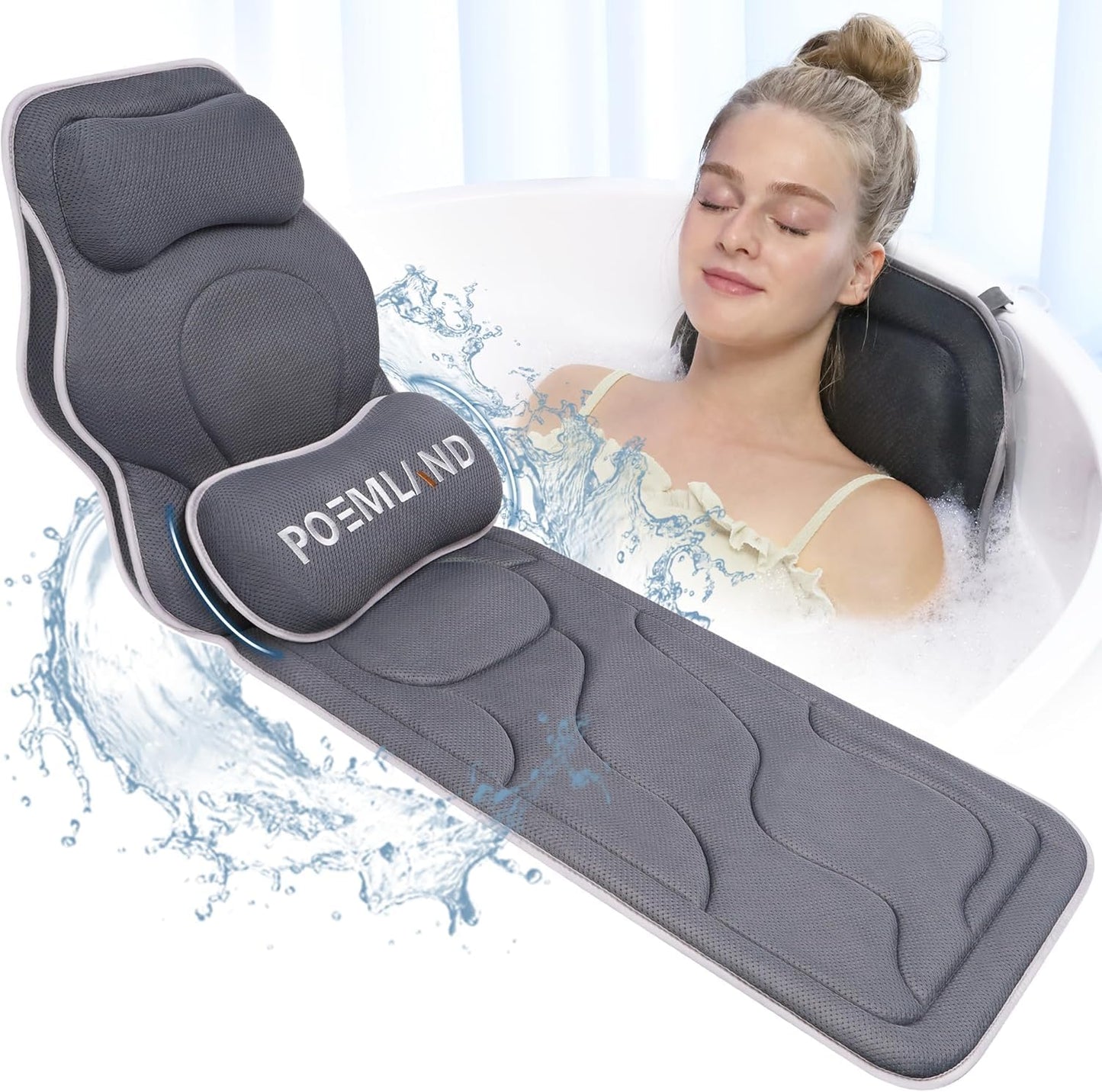 Full Body Bath Pillow for Tub - Extra Long & Thick Tub Pillow with Head, Back & Lumbar Support, 168 Non-Slip Suction Cups, Soft 5D Air Mesh Spa