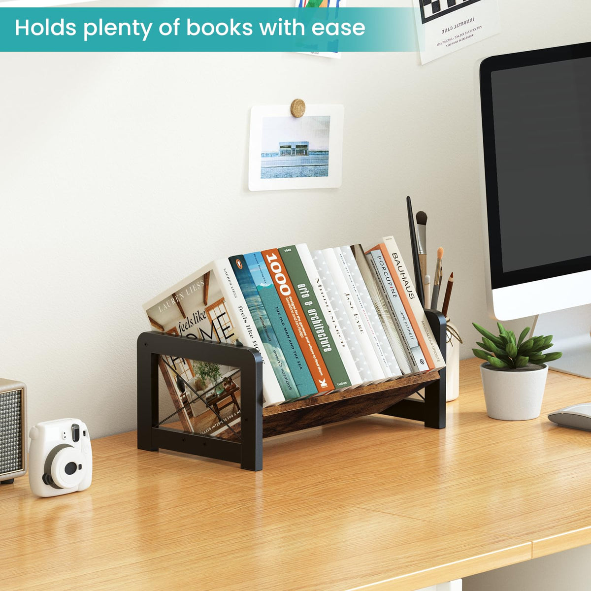 ELITEROO Desktop Bookshelf Organizer, Wood Slanted Desk Bookshelf, Small Tabletop Book Rack, Portable Mini Bookcase for Book Display, Cookbooks