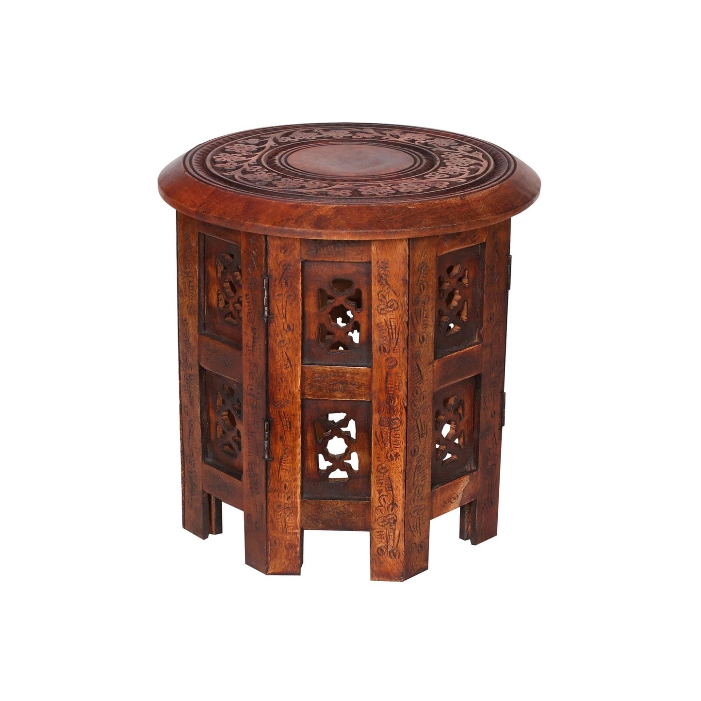 topfurnishing Beautiful Round Hand Carved Indian Shesham Wooden Coffee Table Side [Mahogany,Small 12"x12"x12" 30.5cm]