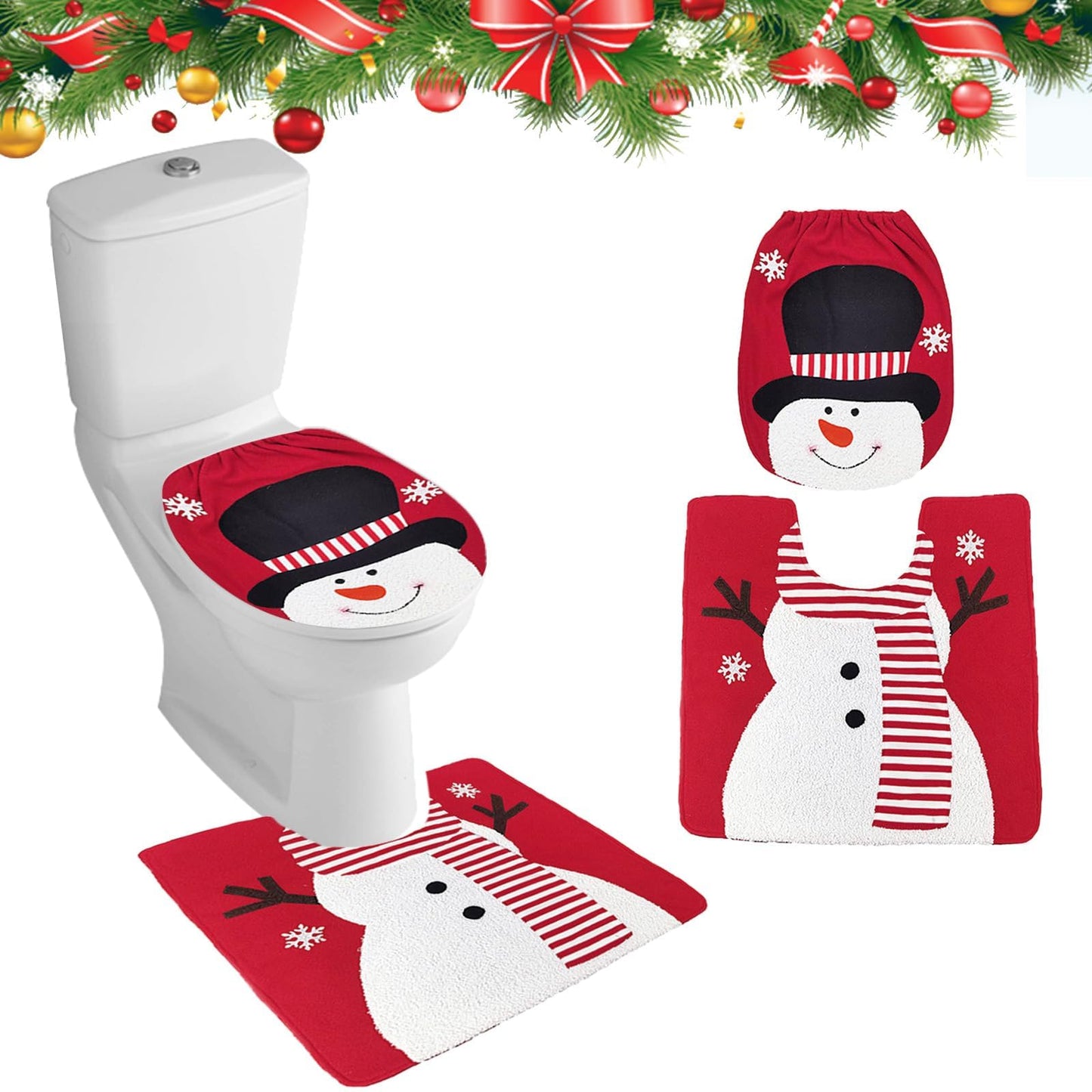 Minicoco Christmas Toilet Seat Covers Pads Funny Christmas Decorations Christmas Bathroom Set Toilet Lid Cover Set U-Shaped Toilet Rug Washable Soft