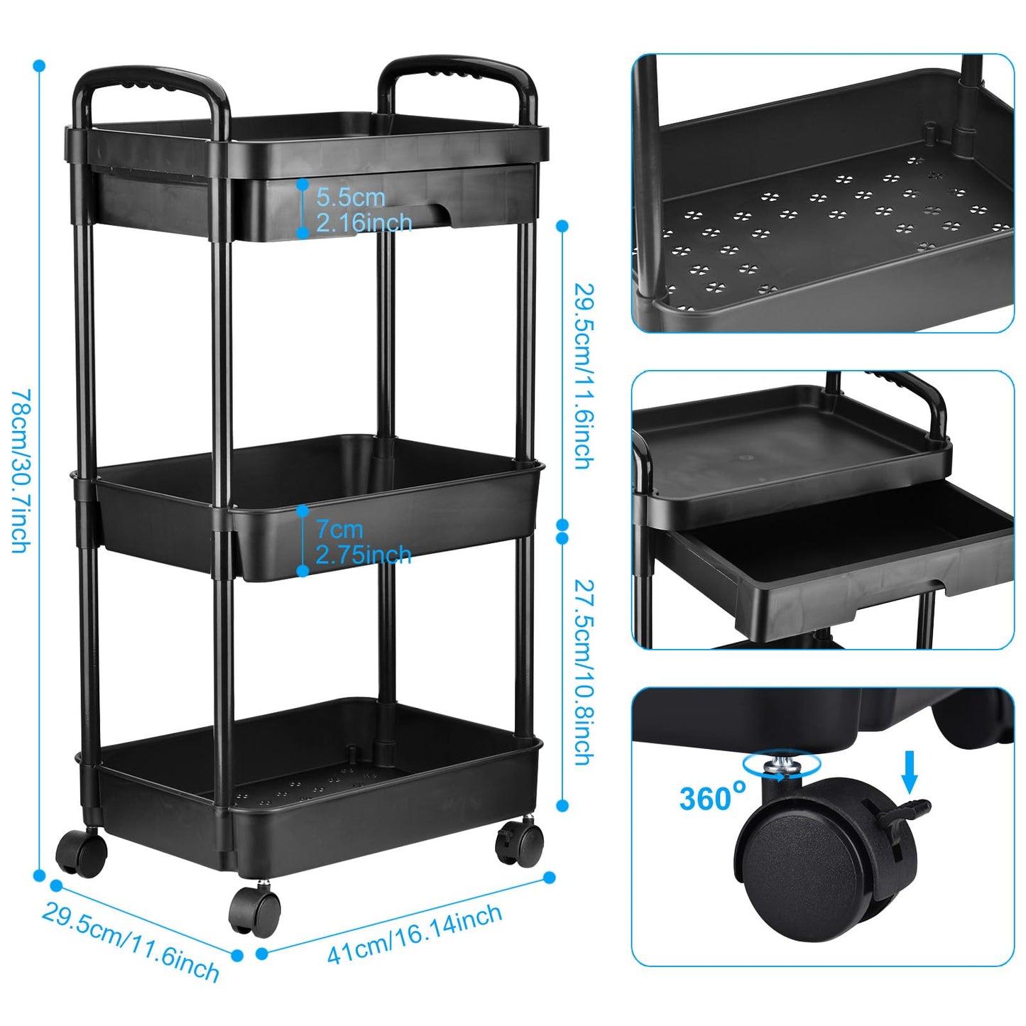 DUOJIN 3 Tier Plastic Rolling Utility Cart with Handle, Multi-Functional Storage Trolley with Mesh Baskets and Lockable Wheels for Bathroom Kitchen
