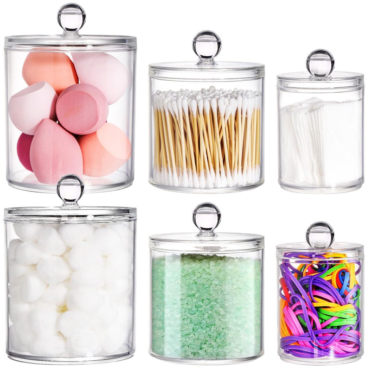 YOUEON 6 Pack Acrylic Apothecary Jars with Lids, 32/20/10 Oz Clear Qtip, Cotton Ball & Pad Holder, Bathroom Canister Candy Jar for Bath Salt, Cotton