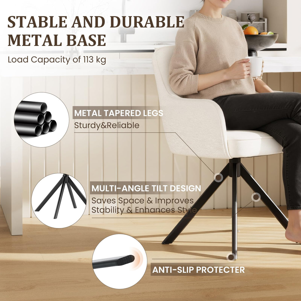 COLAMY 360°Swivel Dining Chairs Set of 4, Fabric Chairs for Dining Room with Armrests, Hollow Backrest and Thick Seat Cushion