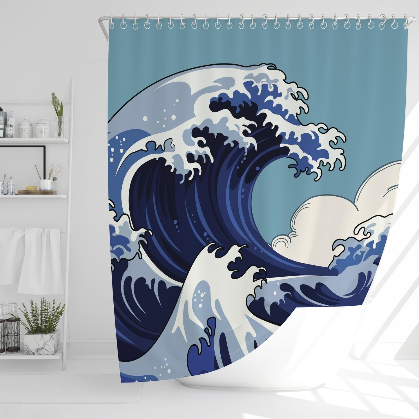 JJ PRIME - Japanese Wave Shower Curtain | Bathroom Shower Curtains Mould Proof Resistant 180x180cm | Waves Waterproof Shower Curtain | Blue Shower