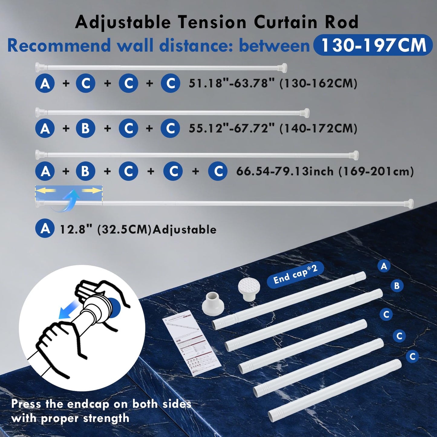 Extendable Shower Curtain Pole 130-201cm Stainless Steel Shower Curtain Rod Tension Rod Adjustable Telescopic Curtain Poles No Drilling Shower