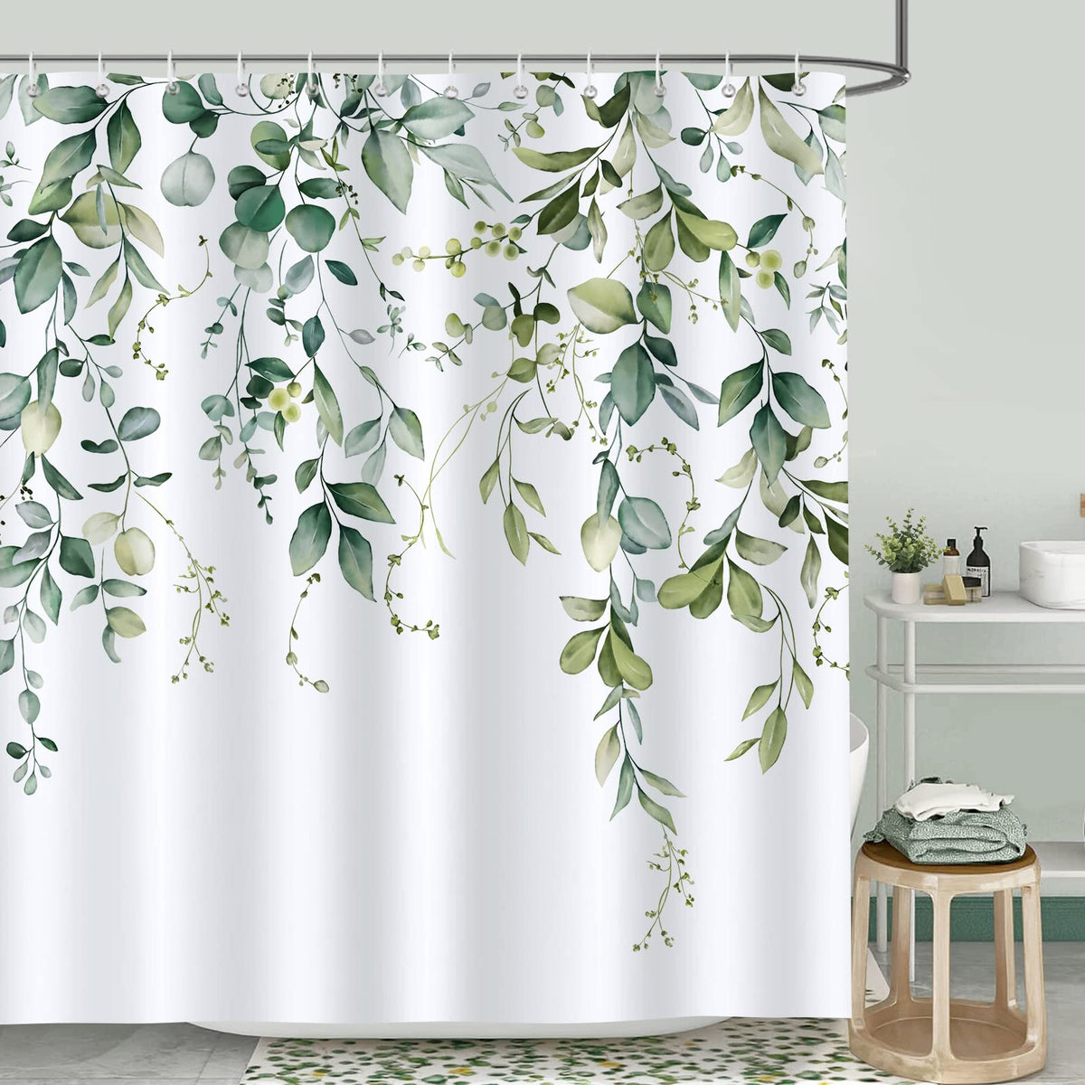 Bonhause Green Eucalyptus Leaves Shower Curtain 180 x 180 cm Watercolor Leaf Plant Bathroom Curtain Waterproof Mildew & Mould Resistant Polyester