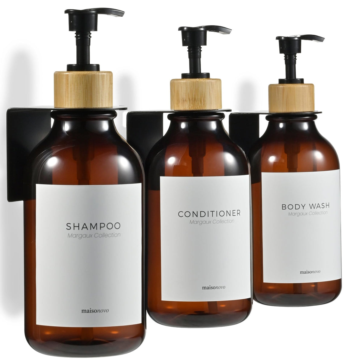 MaisoNovo Shampoo and Conditioner Dispenser - Set of 3 Shower Soap Dispensers Wall Mounted - 500ml Amber Plastic Bottles with Black Bamboo Pump - No