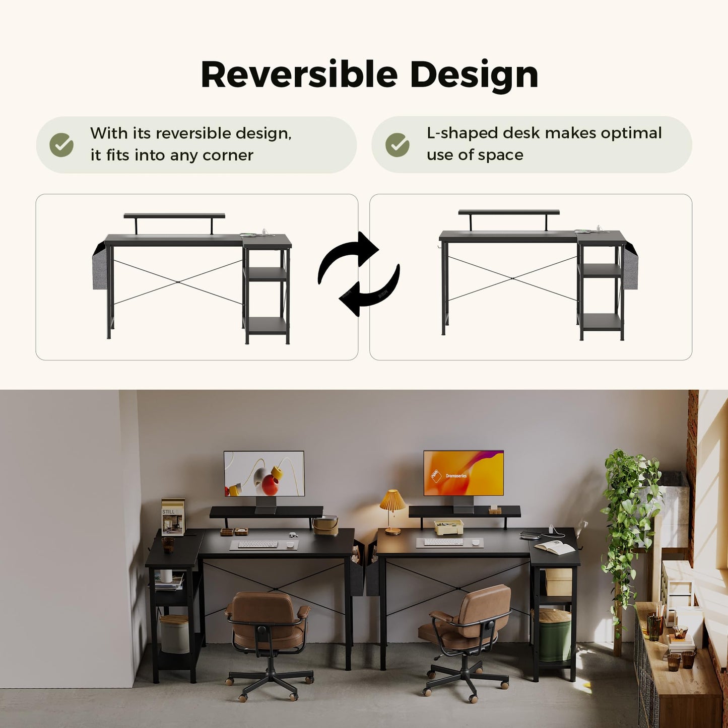 Mericonia Corner Desk, w. Monitorstand & Built-in Socket, 140x70cm, Black