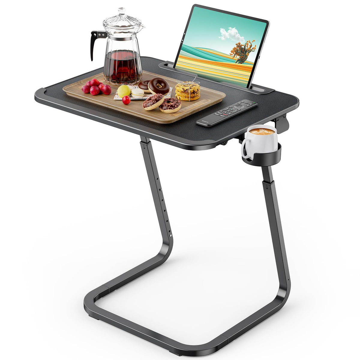 Table For Sofa, SAIJI Overbed Table, beside table adjustable table, Sturdier U-shaped legs, TV Tray, Adjustable Height and Angle, with Tablet Slot,