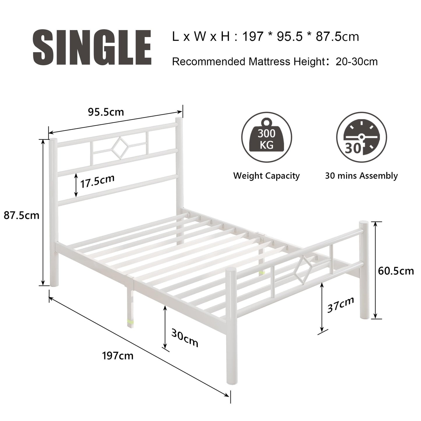Feonase Single Bed Frame with Headboard and Footboard, Metal Platform Bed Frame Single with Underbed Storage, Solid Metal Slats Support