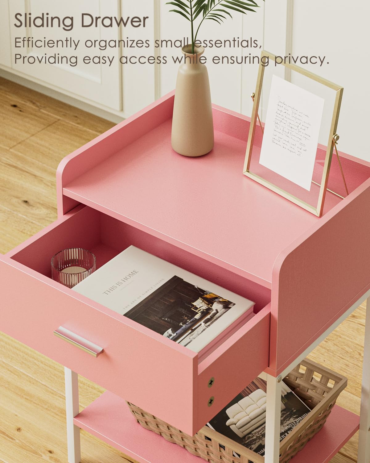 HEYZOEY Bedside Table, 3-tier Modern Bedside Table with Storage Drawer and Shelf, Small Side Table for Bedroom, Living Room, Pink