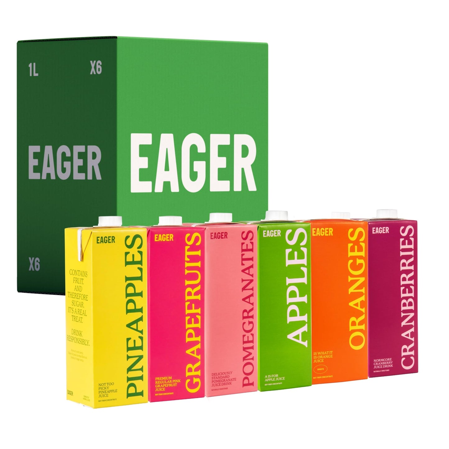 Eager Fruit Juice Mixed Pack (Apple, Orange, Pomegranate, Cranberry, Grapefruit, Pineapple), 1 Litre (Pack of 6)
