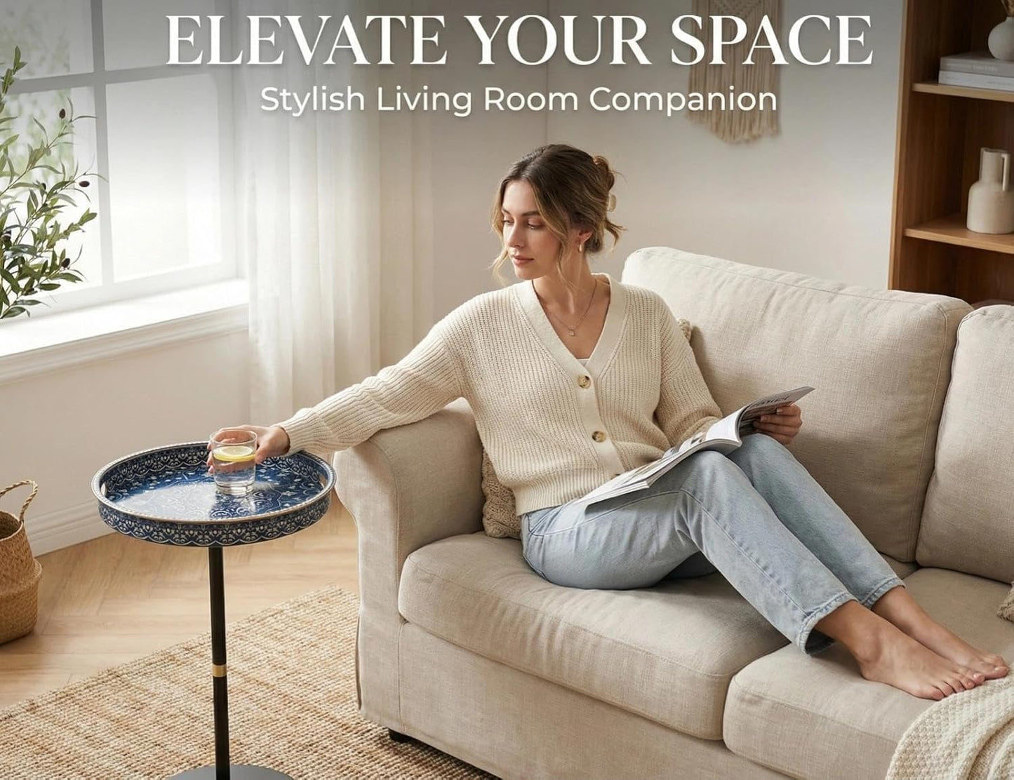 Simmer Stone Boho Round Side Table With Tray Top, Pedestal Drink Table for Small Spaces, Aesthetic Accent Nightstand for Living Room, Corners