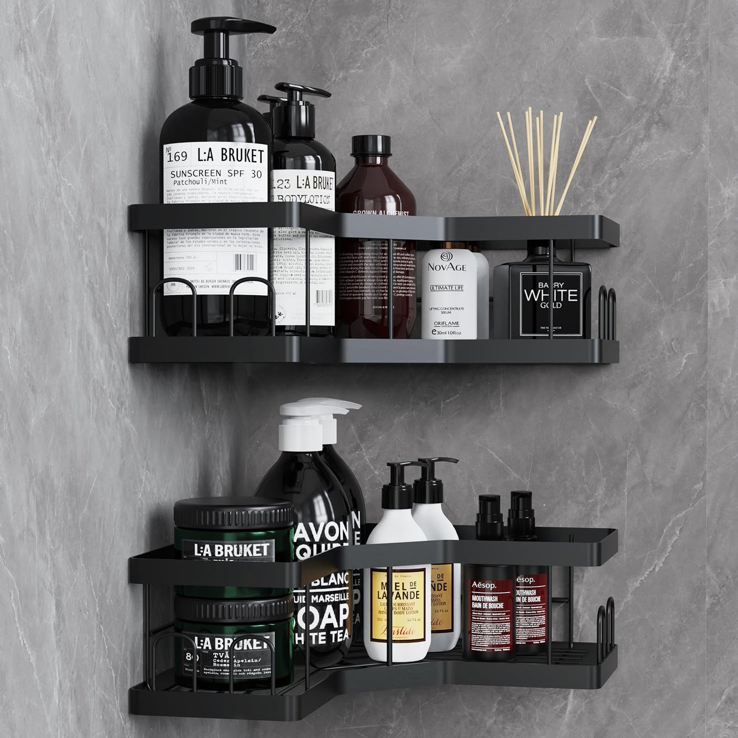 AceMining Shower Caddy, 2 Pack Black Bathroom Shelves, Adhesive Shelf Storage No Drilling, Carbon Steel Shower Organiser, Rust-Resistant Caddy Corner,