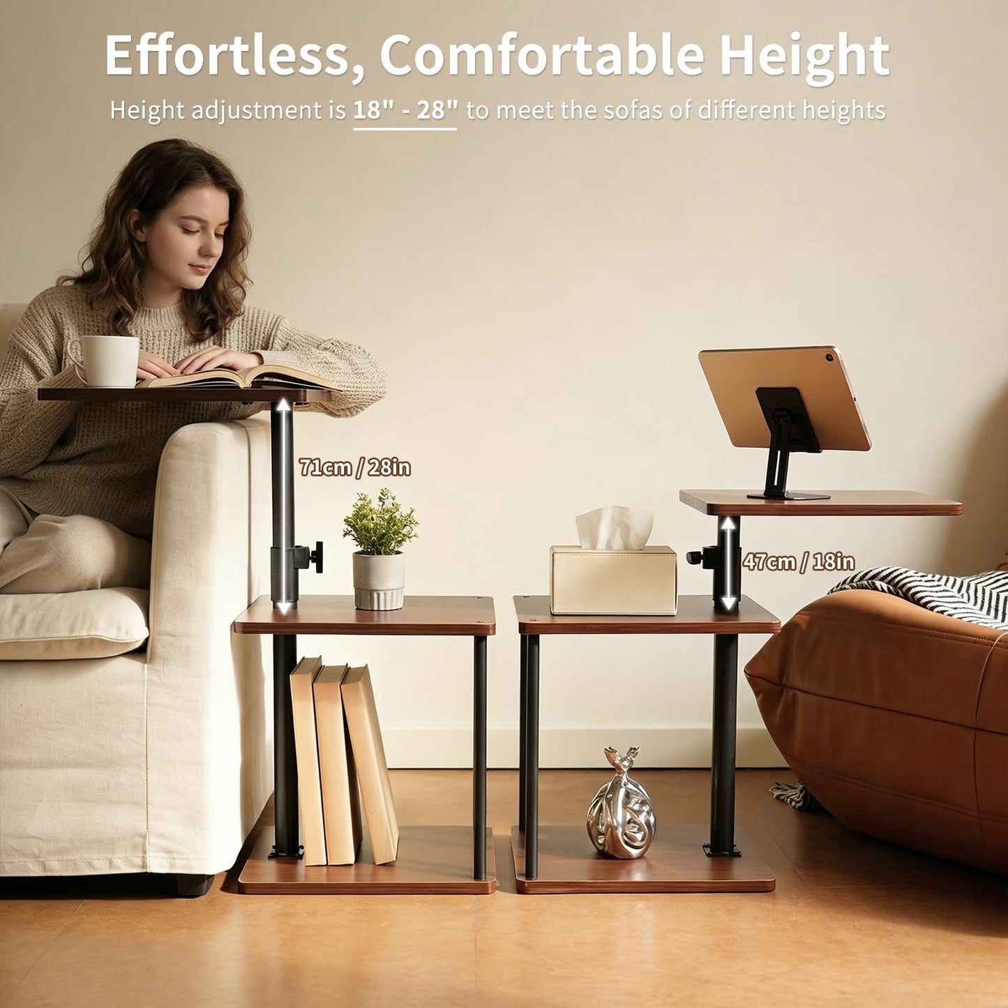Bingyouth Side Table with Wheels, Adjustable Sofa Table with 360° Swivel Top, 3 Tier Small End Table for Living Room and Bedroom