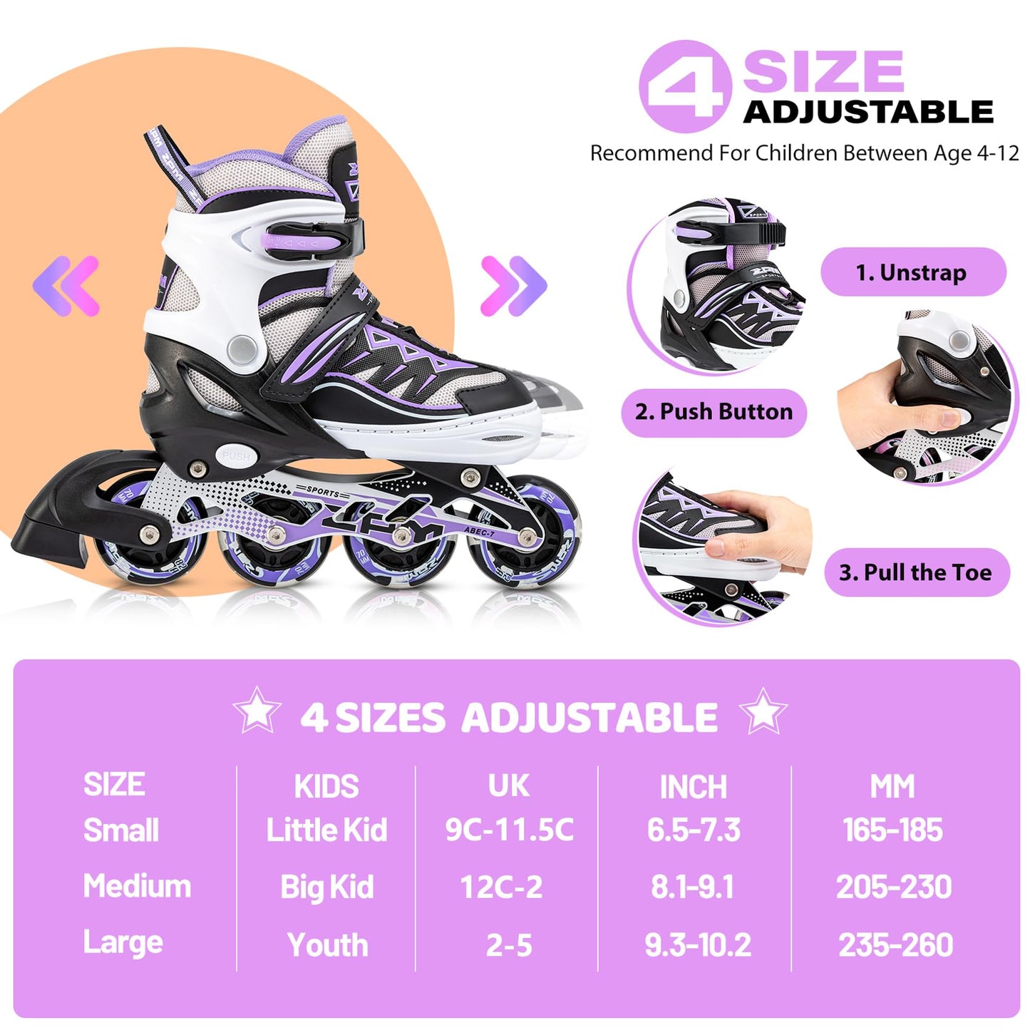 2pm Sports Adjustable Light up Inline Skates, Stylish Design Beginner Roller Skates for Boys and Girls - Purple Large