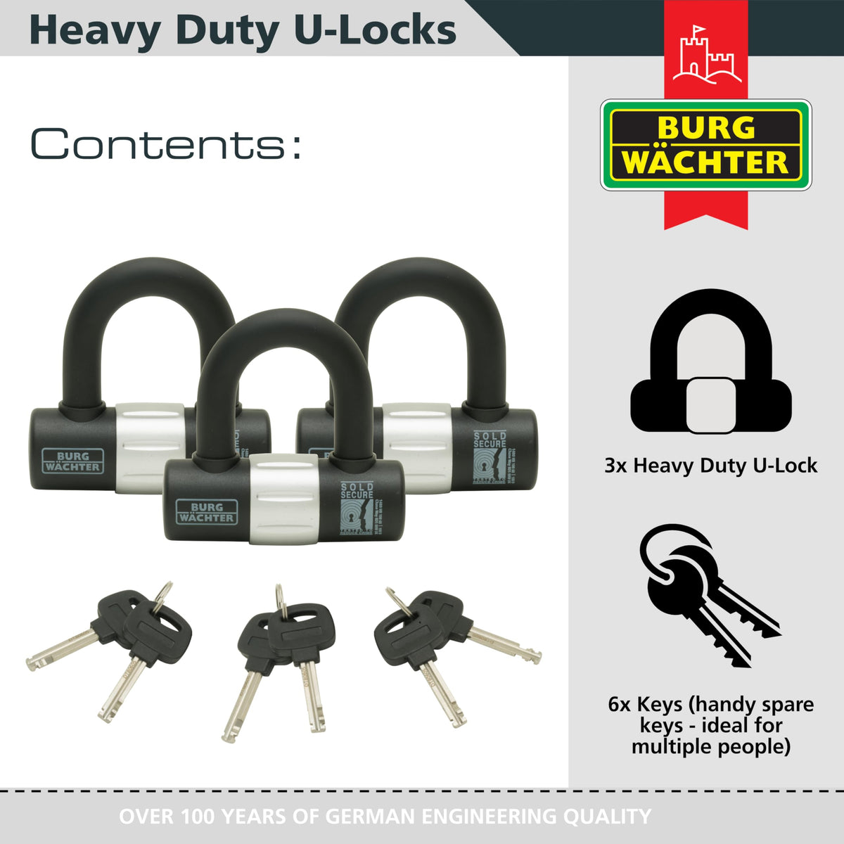 Burg-W?chter 100D Sold Secure Gold Pack, Black, Trio Keyed Alike U Locks