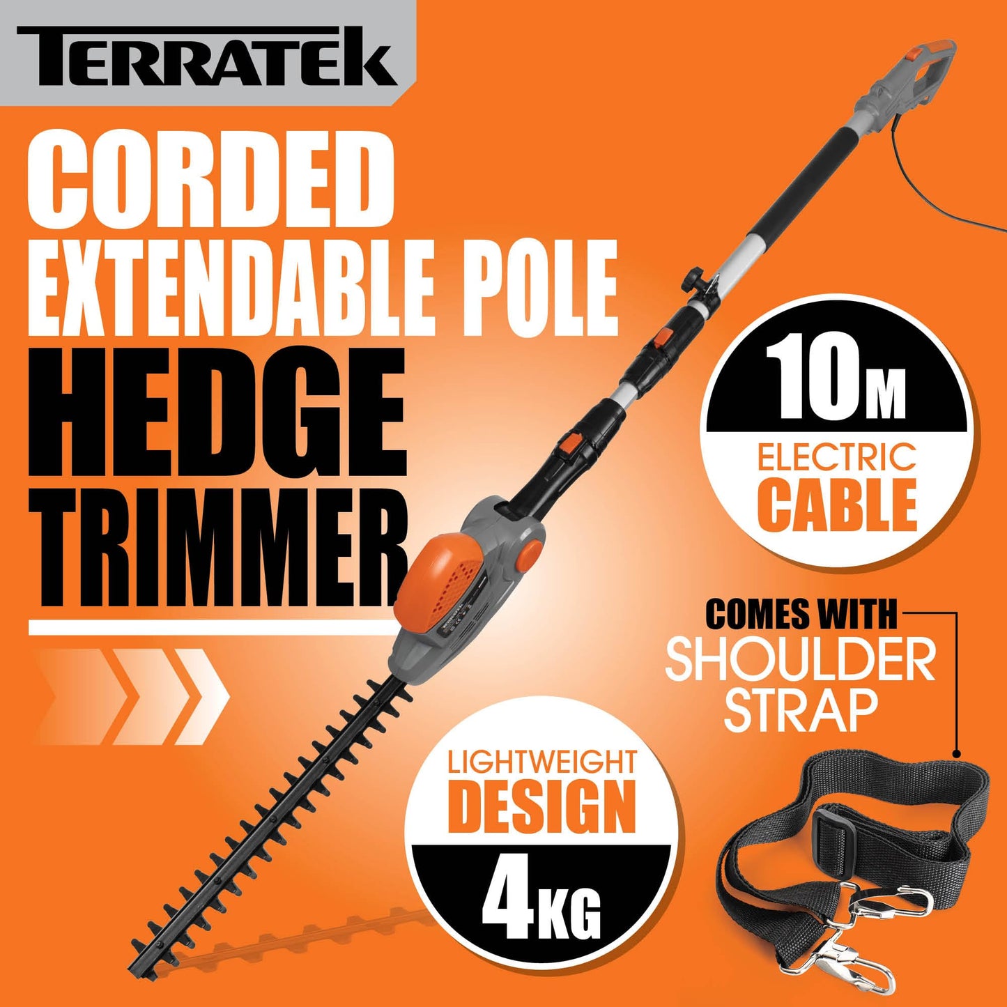 Terratek Corded Extendable Pole Hedge Trimmer 550W 2.5M Telescopic Hedge Trimmer Long Reach Hedge Cutter with 4 Position's, 10m Cable and Shoulder
