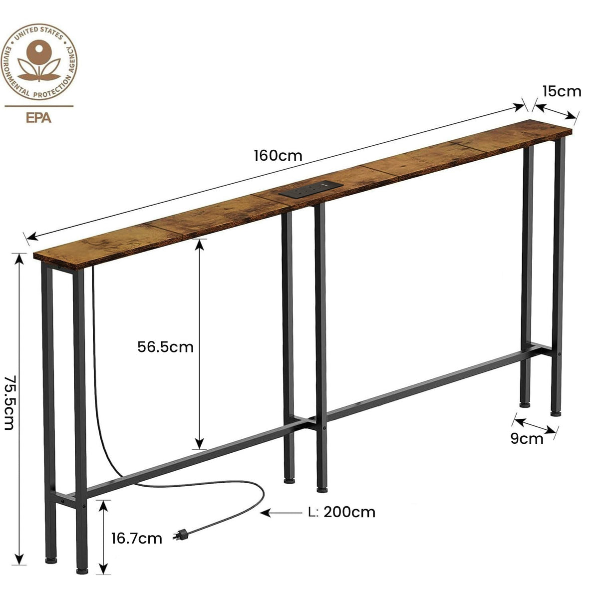 Keelian 160 cm Behind Sofa Console Table with Power Outlet Rustic Brown