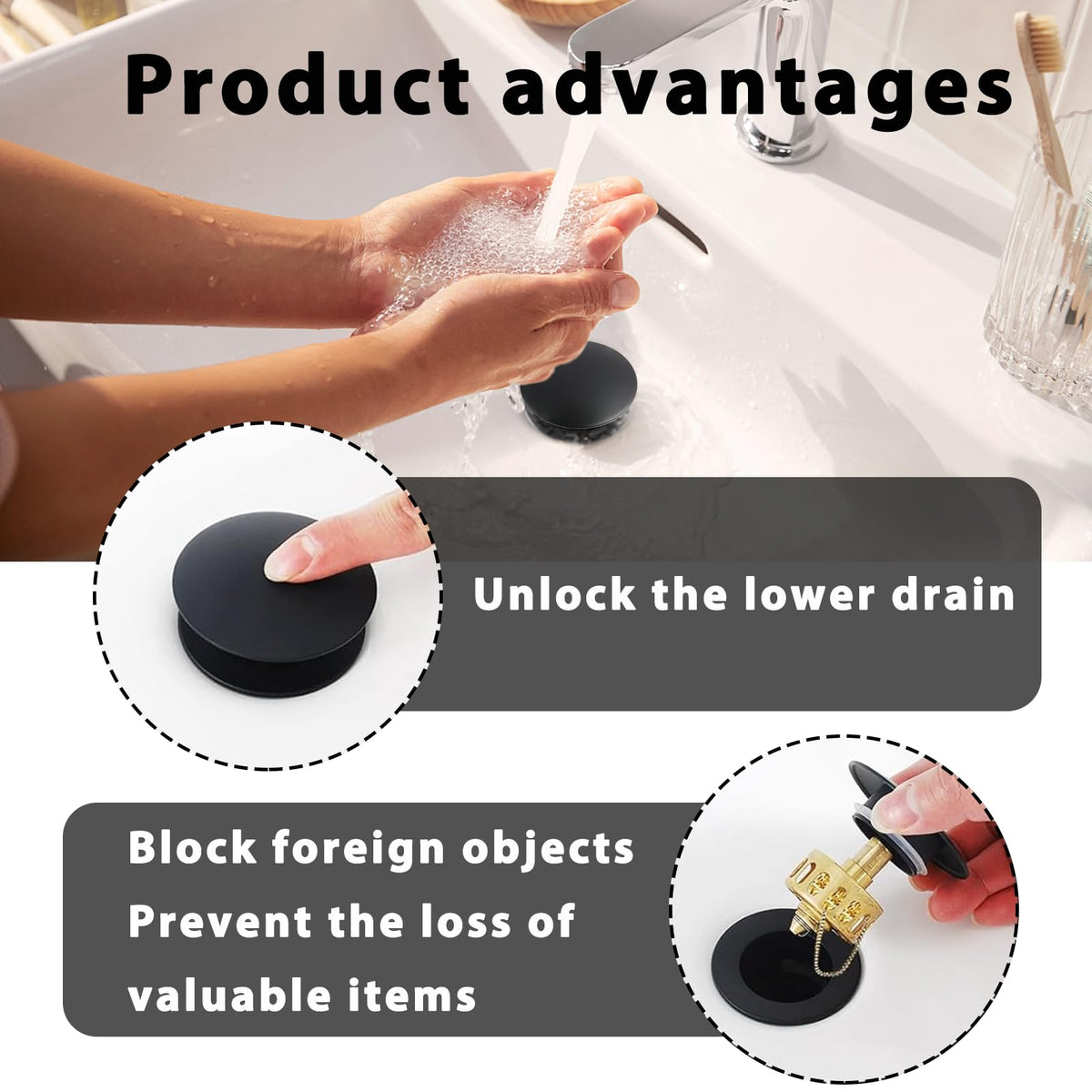 1 Pcs Basin Waste Sink Plug Cap, 66mm Matte Black Pop Up Plug for Bathroom or Kitchen