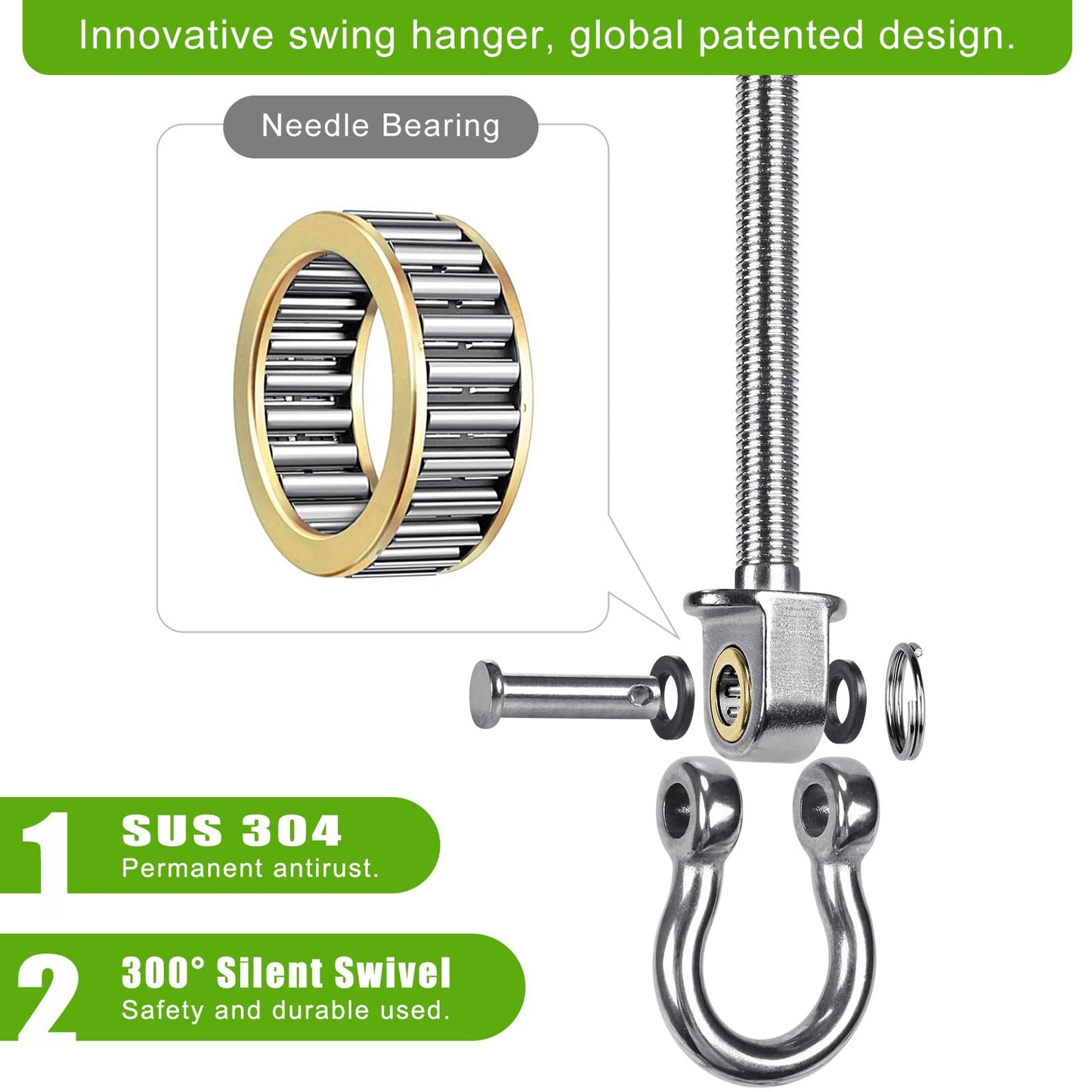 BeneLabel 6pcs Swing Hanger Bearing, Heavy Duty Hammock Hook M10 Hanging Chair Screw Eye Bolt 225mm Swivel Ceiling/Beam Mounting Bracket Kit for Yoga