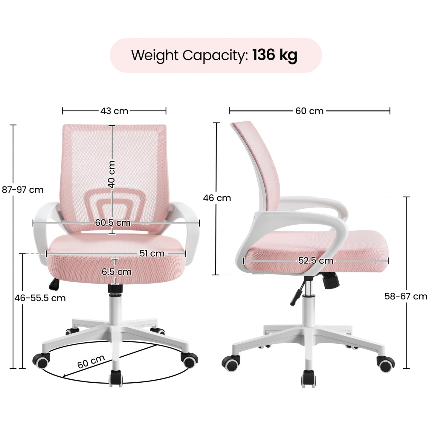 Yaheetech Ergonomic Chair Mesh Swivel Lumbar Support Adjustable Desk Pink