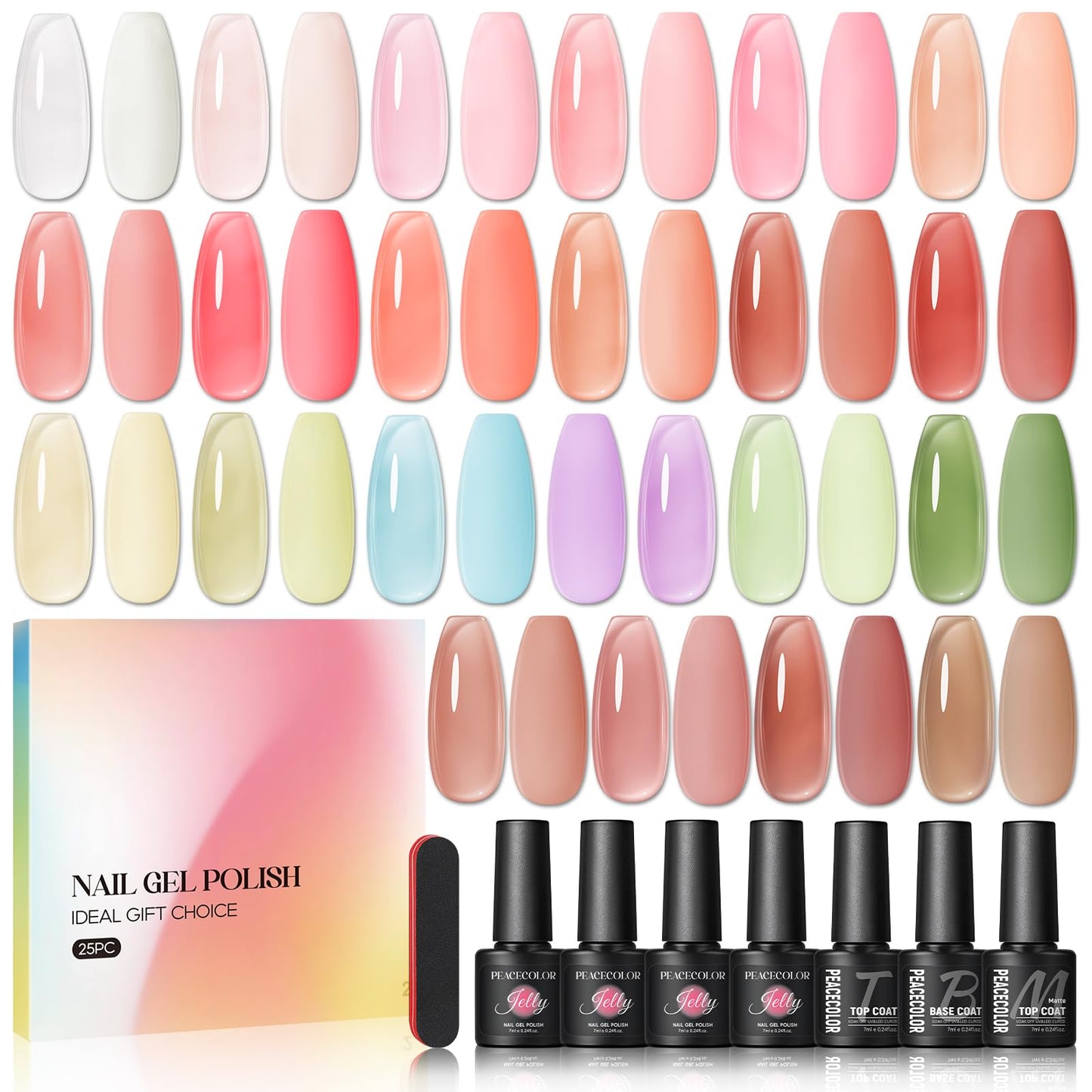 PEACECOLOR Jelly Gel Nail Polish Set- 25 Colours Translucent Pink Nude Purple Milky White Soak Off Gel Polish with Top Base Coat, Nail Art Manicure