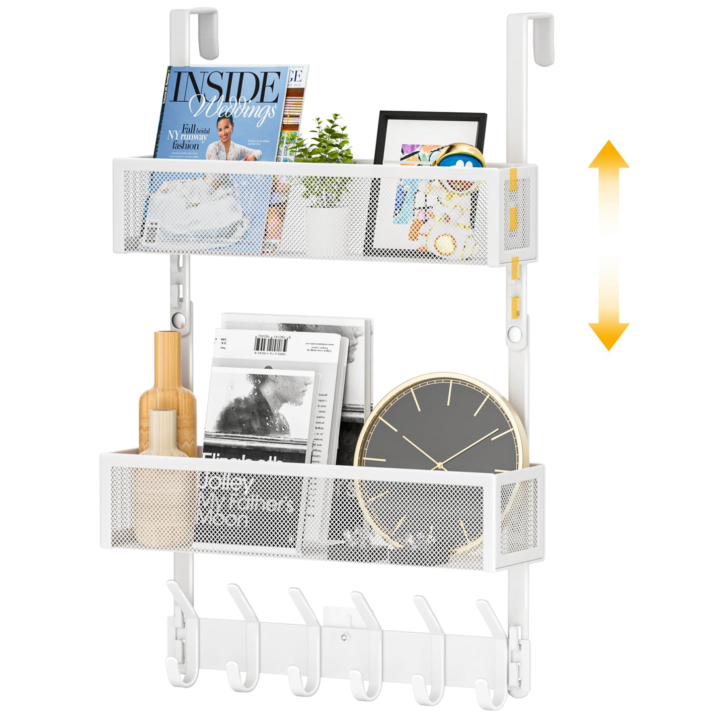 LUCYCAZ Adjustable Over Door Hanger Hooks, Door Hanger Storage with 10 Coat Hooks & 2 Mesh Basket, Over The Door Hooks Towel Rack Door Organizer for