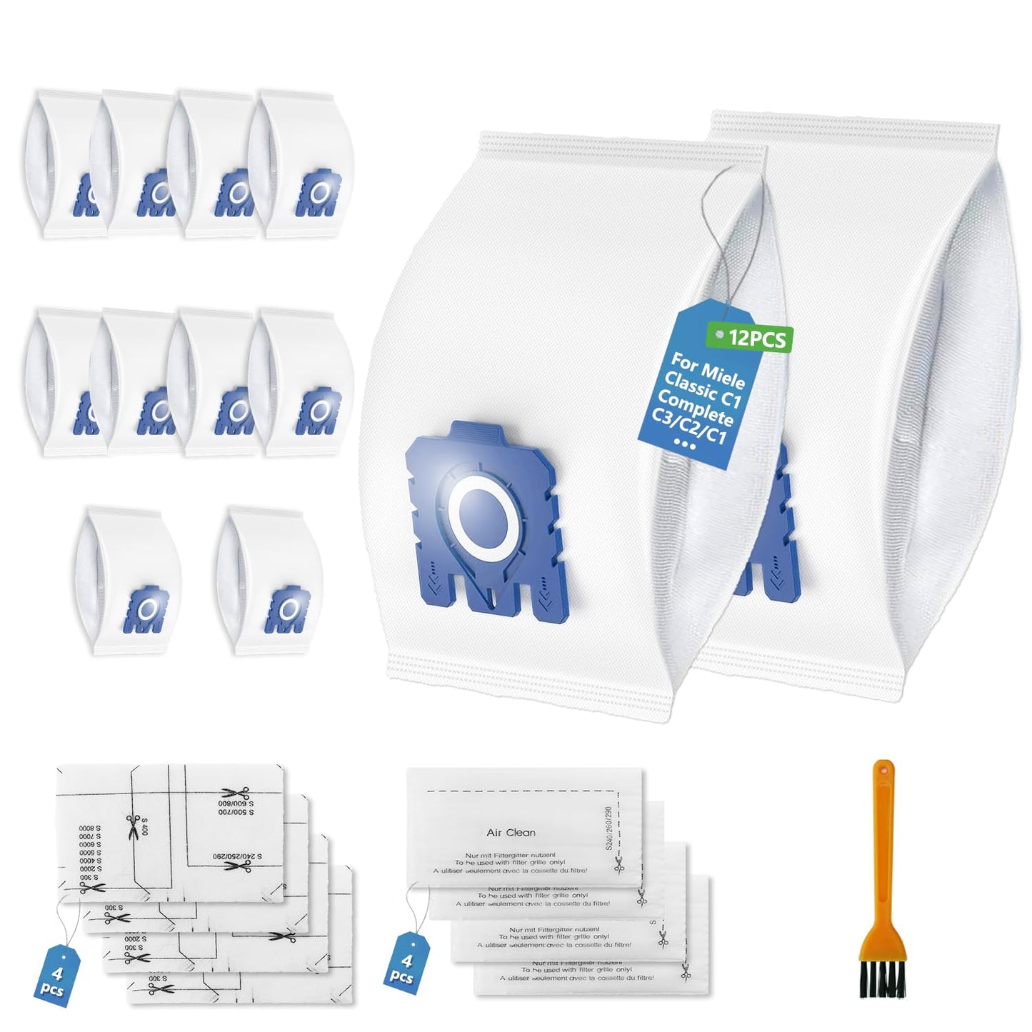 12 Pack GN Vacuum Cleaner Bags with 8 Filters Compatible with Miele Hoover Bags Classic C1, Complete